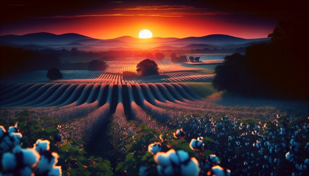 The image captures the mesmerizing sunset in Missouri's Bootheel, with the silhouettes of verdant cotton fields and rustic farming equipment narrating a tale of a rich, agricultural history.